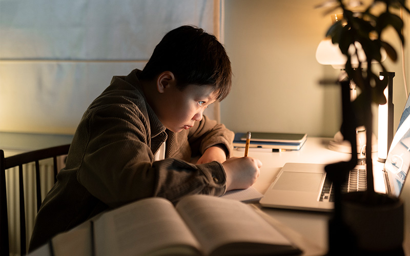 A boy in a calm, focused learning setting with minimal distractions.